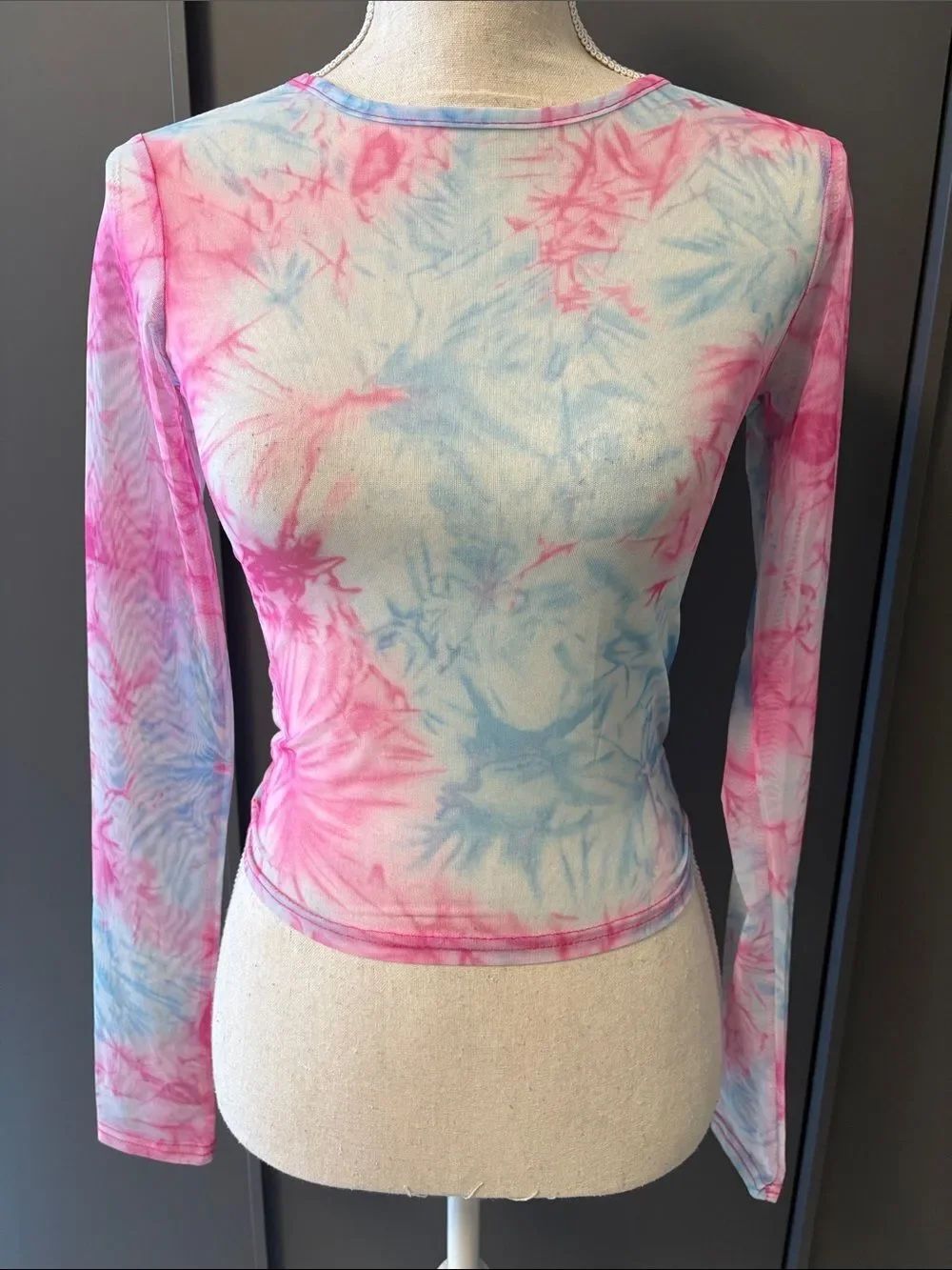 Tiger Mist Sheer Mesh Long Sleeve Tie-Dye Crewneck Top - Pink & Light Blue
